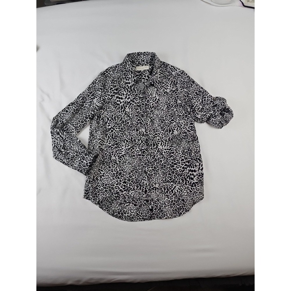 Jones New York Animal Print Shirt Silky Black White Leopard Roll Sleeve Sz M - Picture 7 of 7